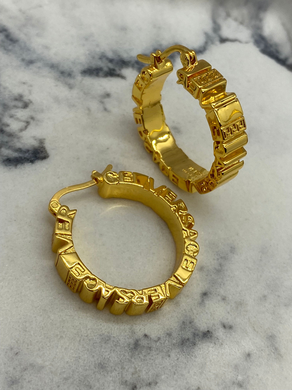 VERSACE Vintage Gold Tone Monogram Hoop Earrings - Pre owned