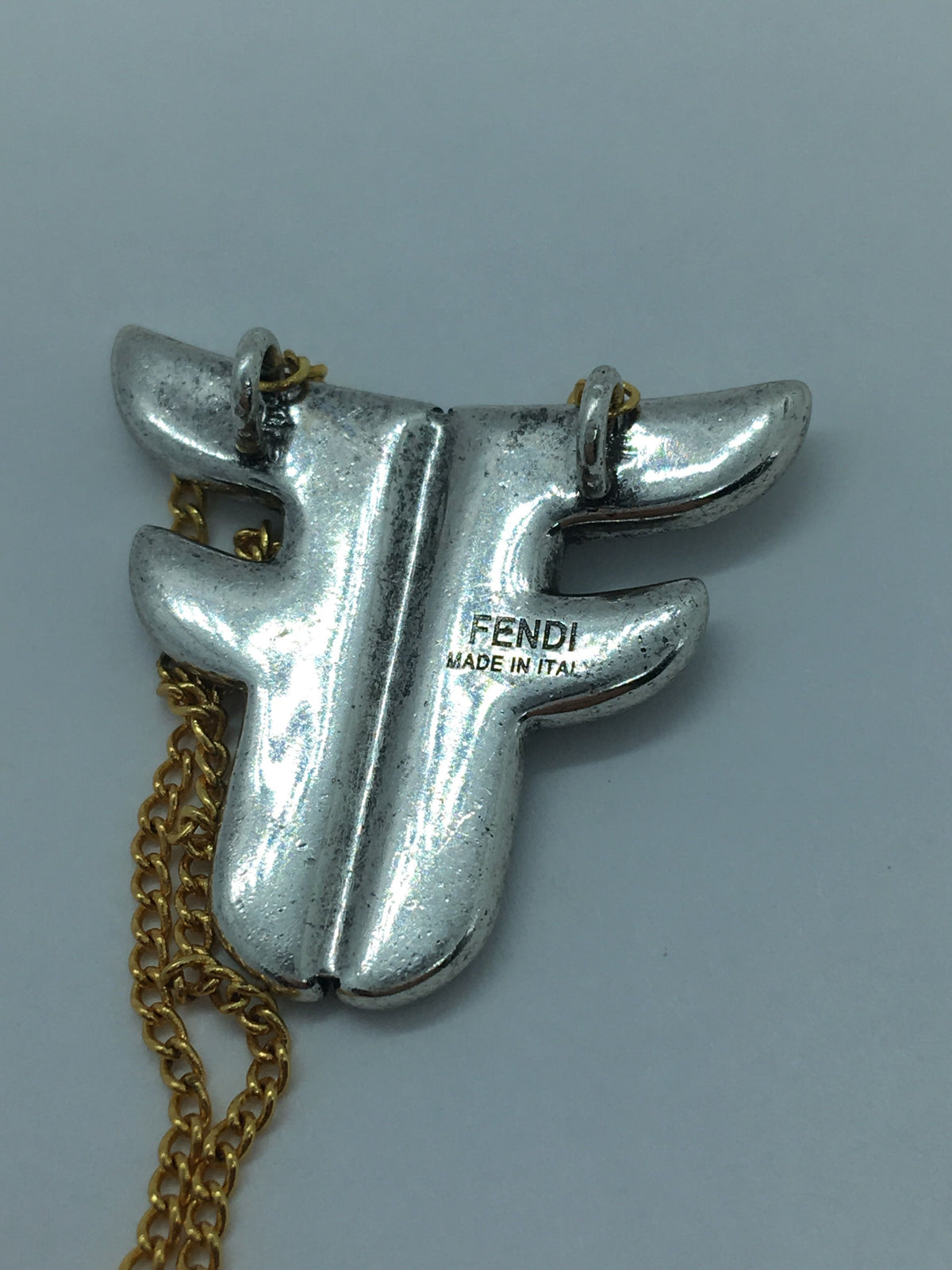 Auth FENDI F Rhinestone Duo Tone Logo Necklace - Pre owned