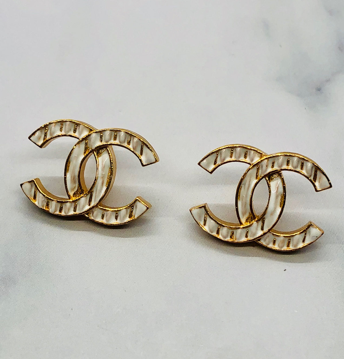 CHANEL CC Gold Tone White Striped Earrings - Pre owned