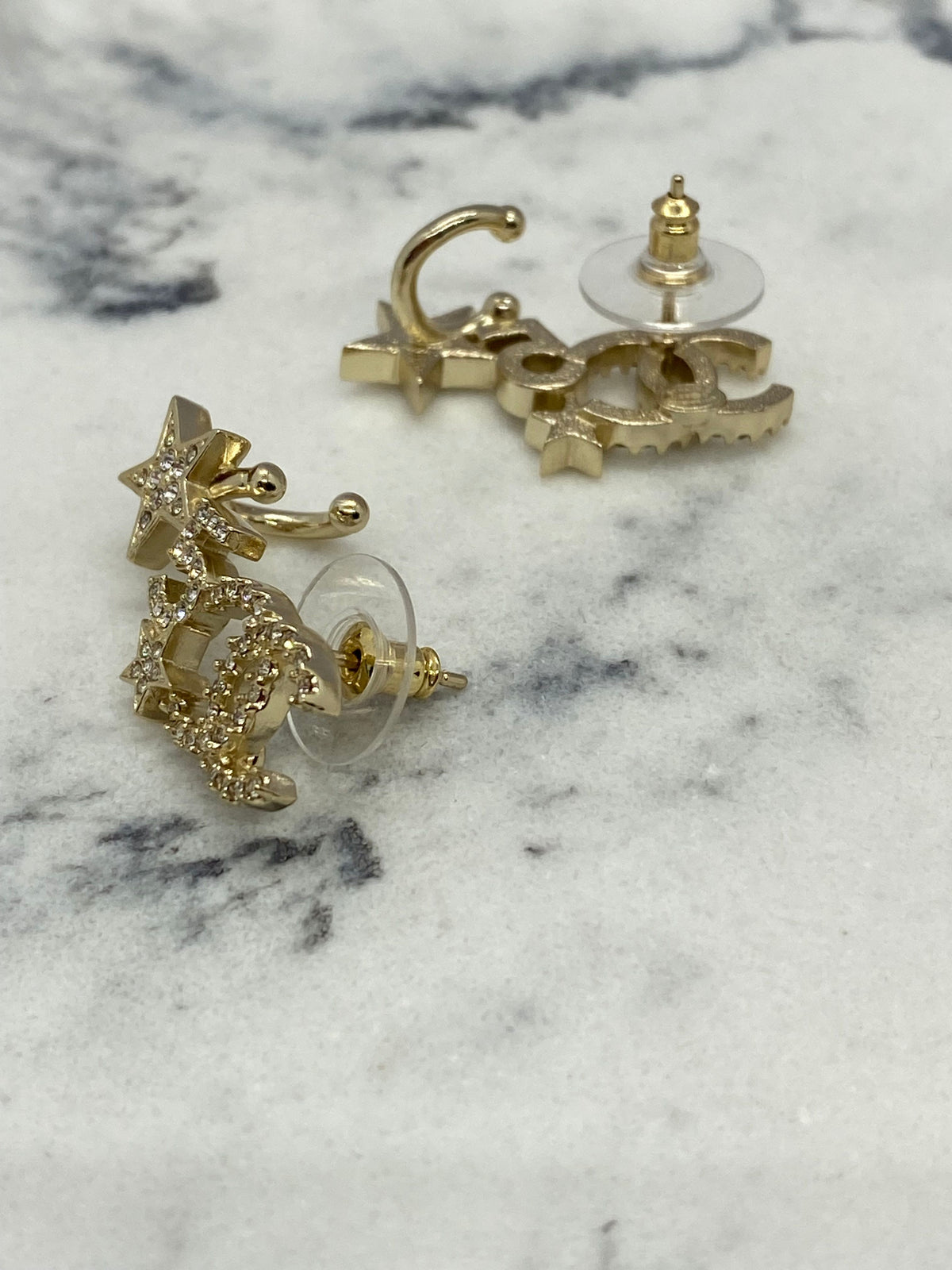 CHANEL CC Gold Tone Rhinestone Star Climber Earrings - USED