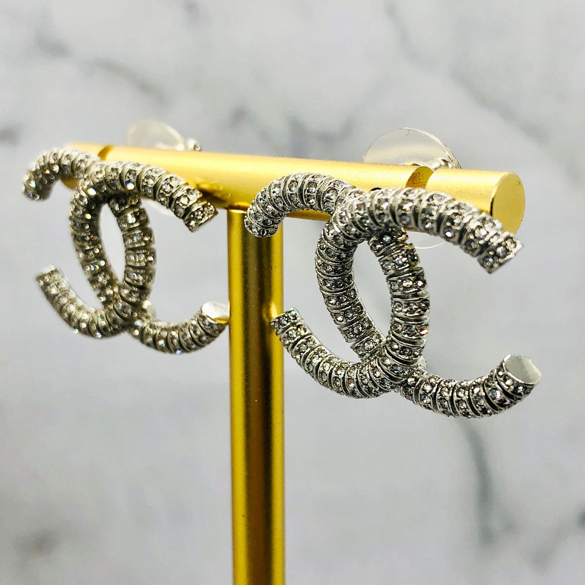 CHANEL CC Silver Tone Rhinestone Earrings - USED