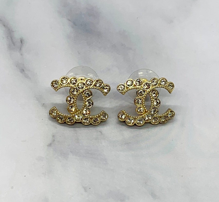 CHANEL CC Light Gold Tone Rhinestone Earrings - Pre owned