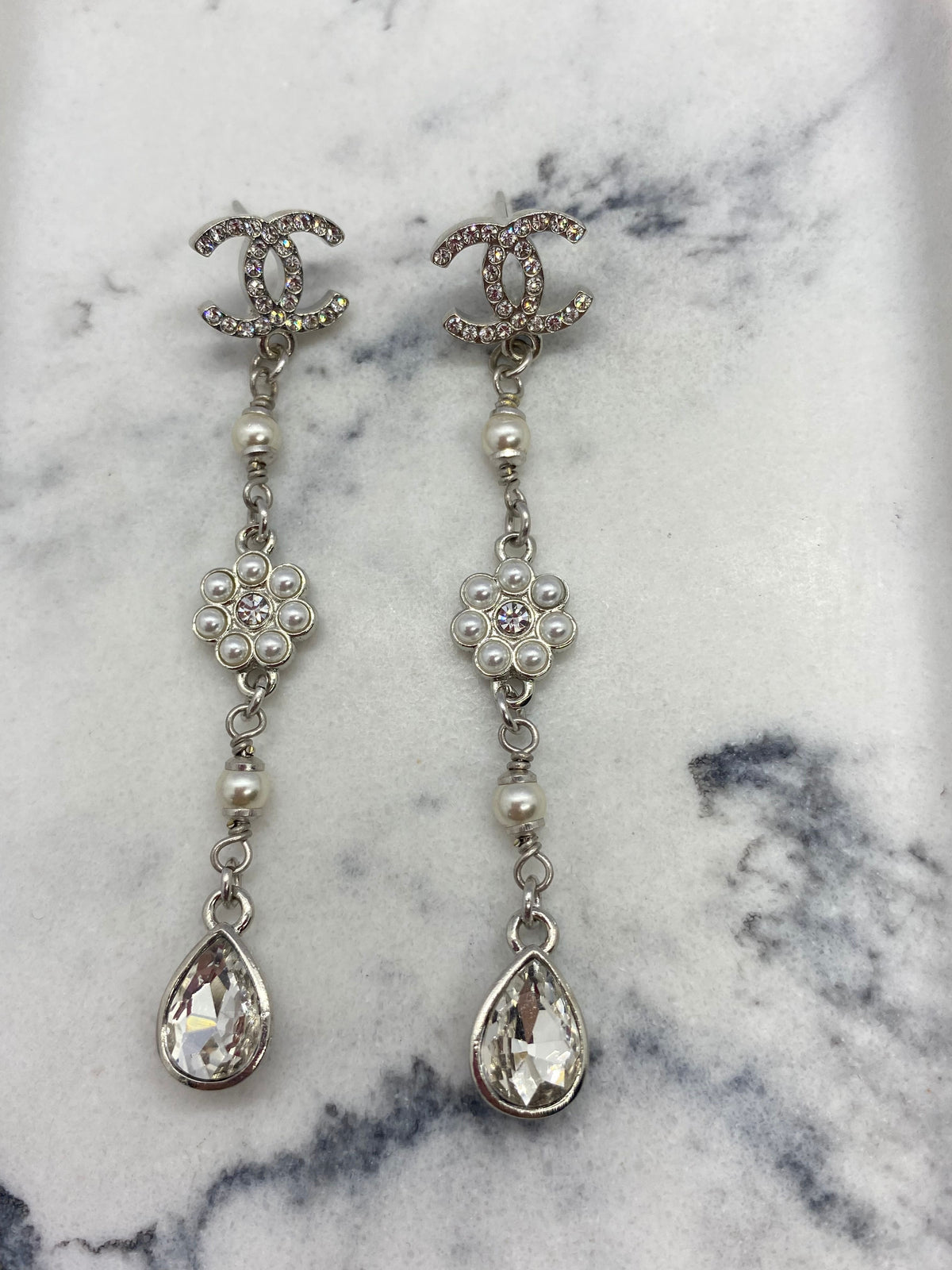 CHANEL CC Silver Tone Rhinestone Pendant Earrings - USED