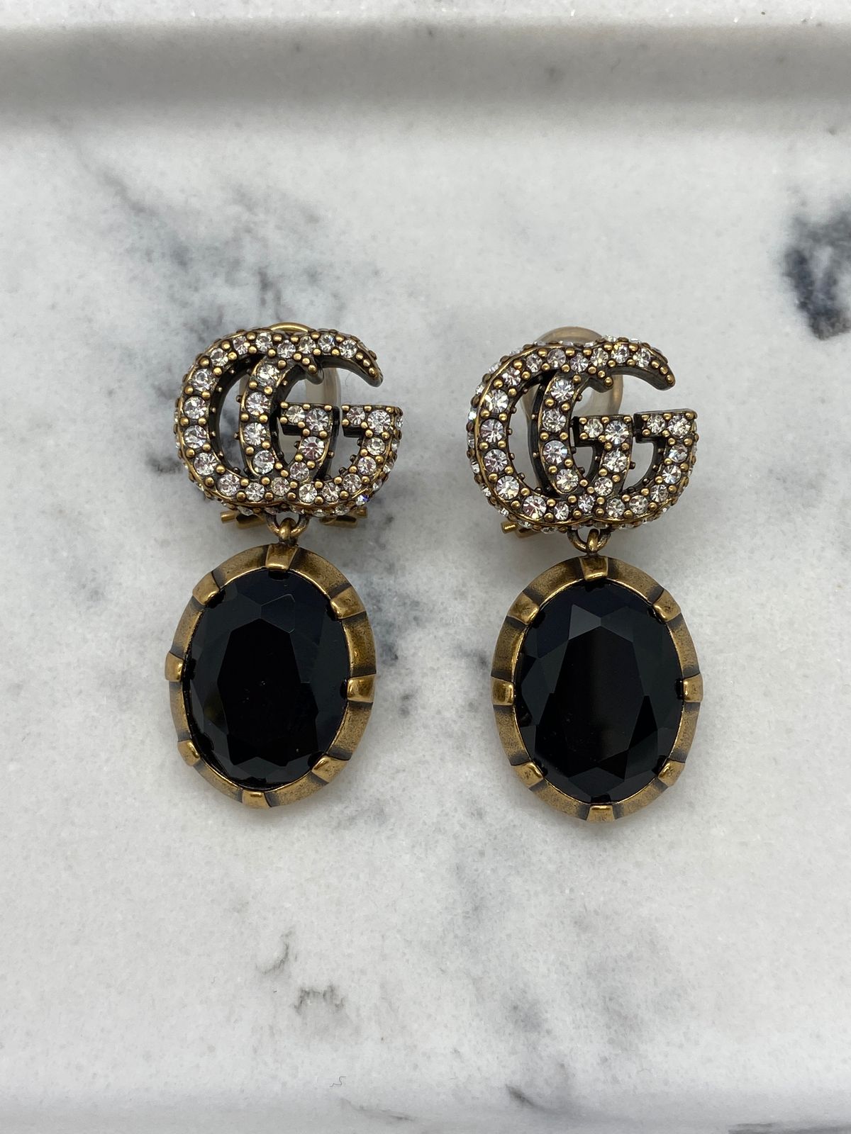 GUCCI GG Black Rhinestone Clip On Earrings