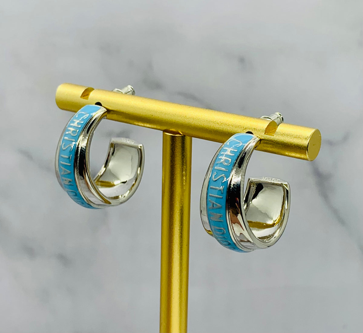 CHRISTIAN DIOR Teal Strip Hoop Earrings - USED