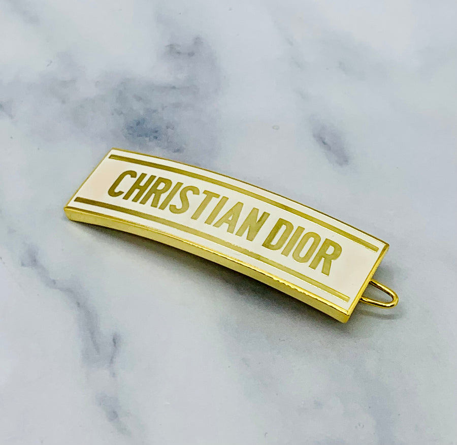 CHRISTIAN DIOR Monogram Gold & White Hair Clip Barrette - Preowned