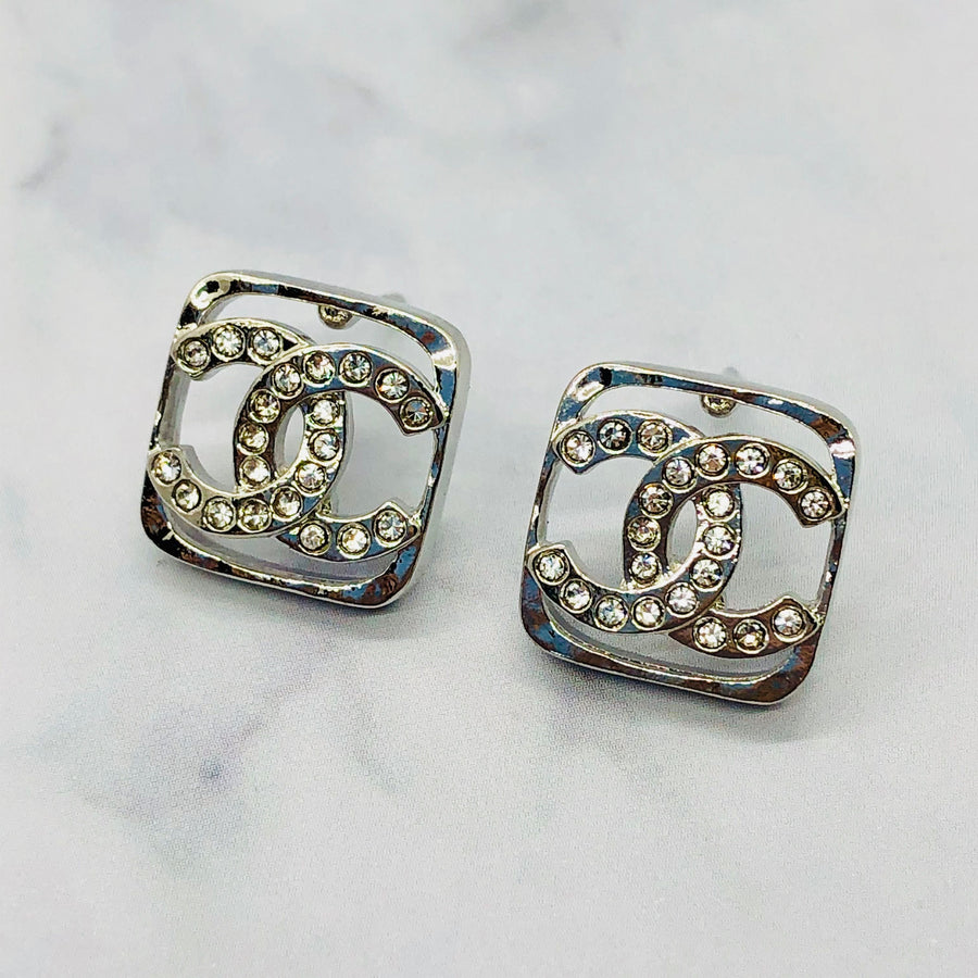 CHANEL CC Silver Tone Square Rhinestone Earrings - Pre owned