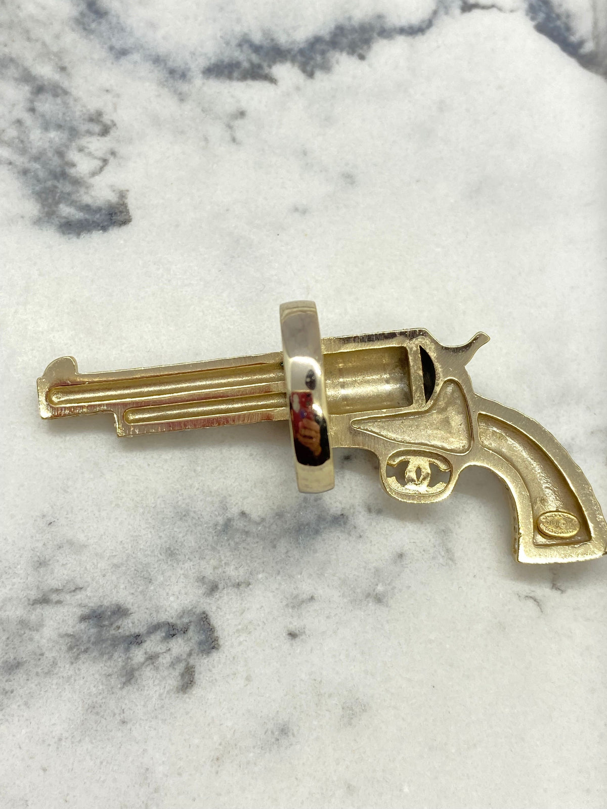 CHANEL CC Gold Rhinestone Gun Ring - Size 7 M