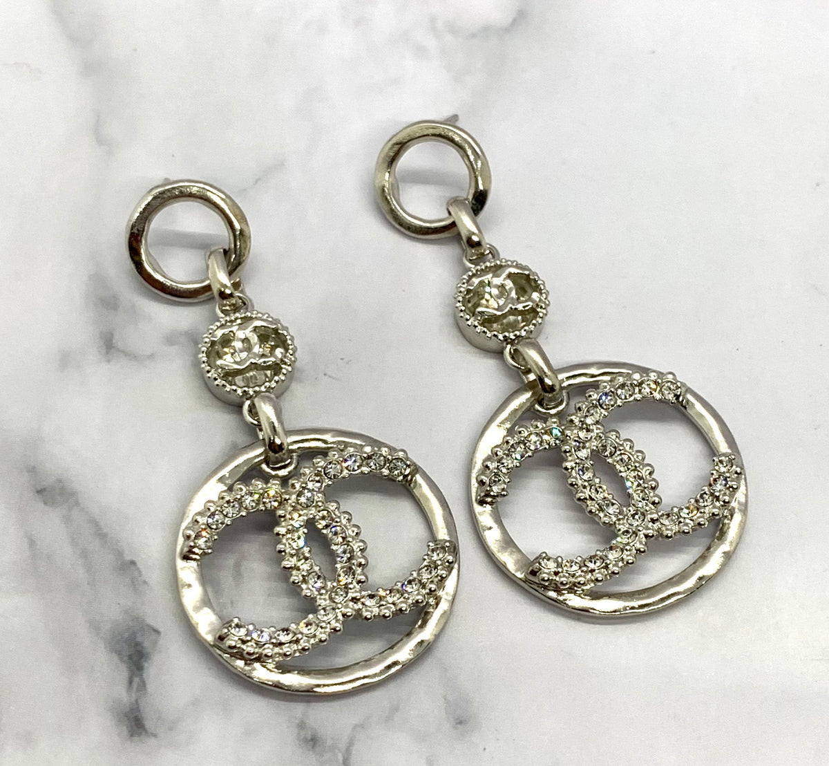 CHANEL CC Silver Rhinestone Earrings - USED