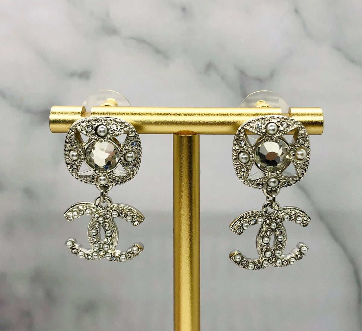 CHANEL CC Silver Tone Pendant Earrings - Pre owned