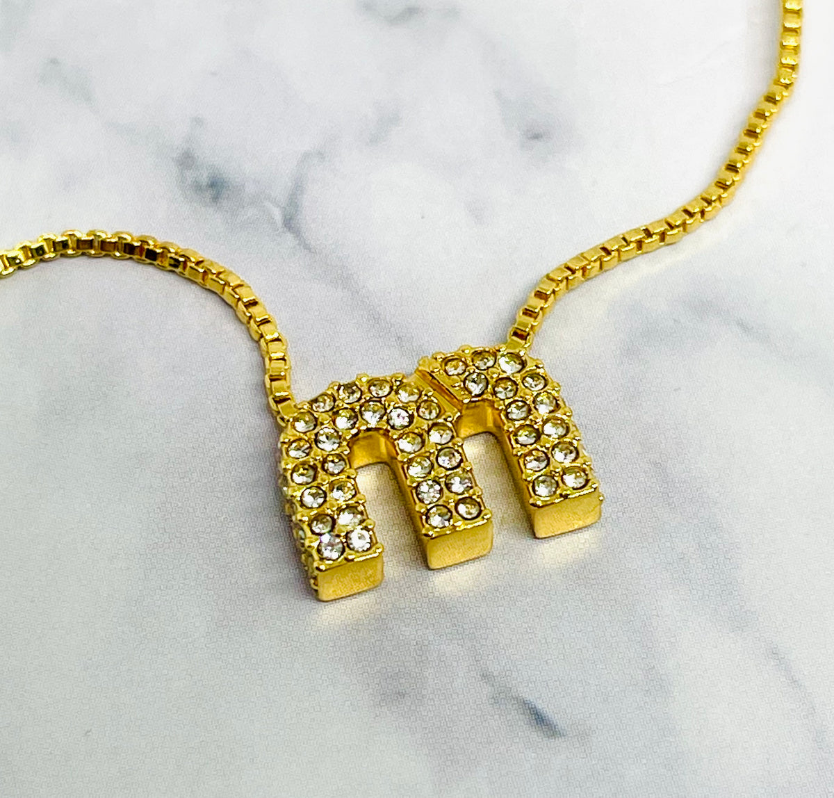 MIU MIU M Gold Tone Rhinestone Chain Necklace - Pre owned