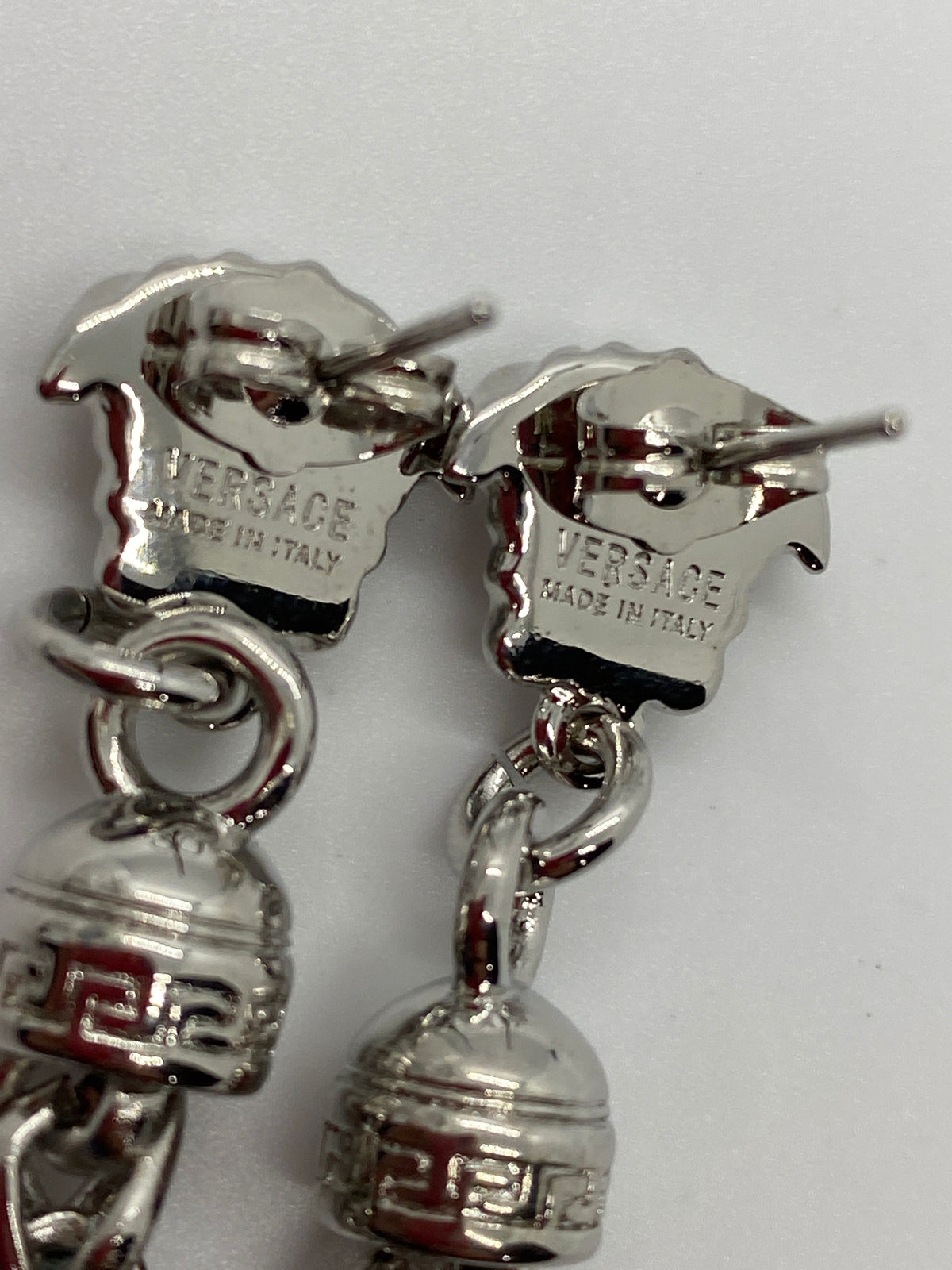 VERSACE Silver Tone Medusa Chain Pendant Earrings - Pre owned