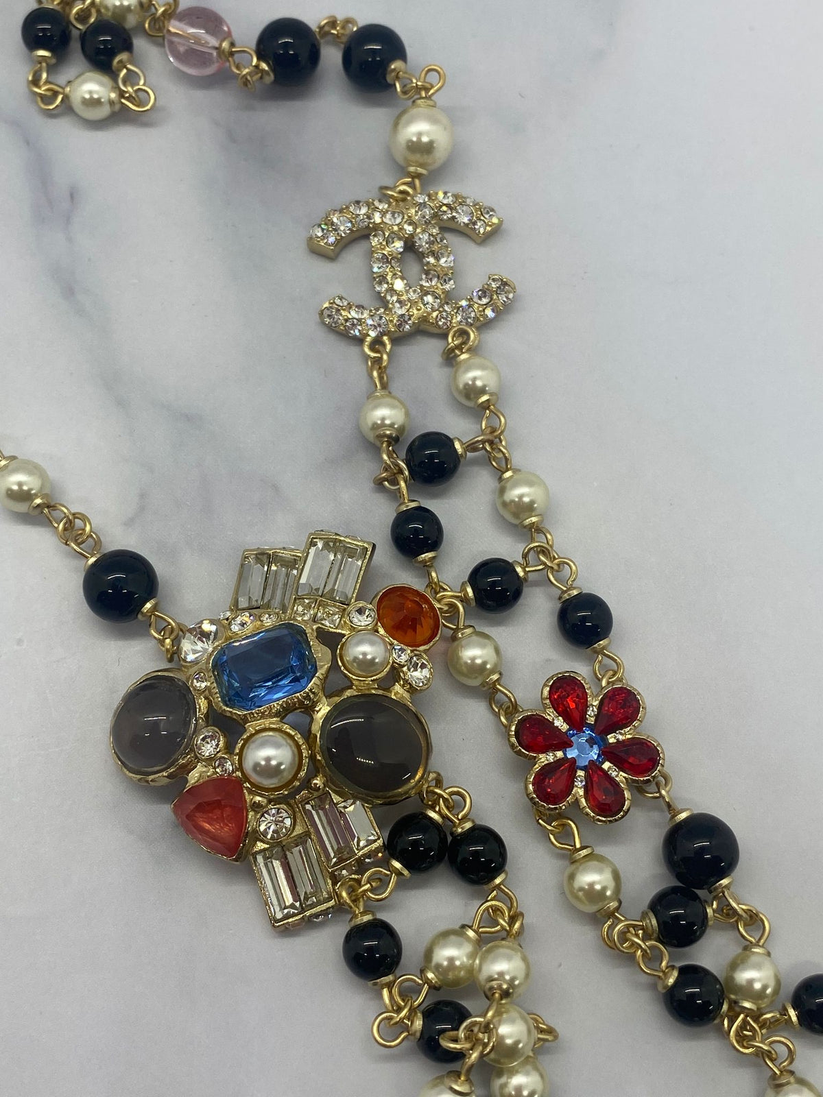 CHANEL CC Flower Rhinestone Layered Necklace - USED