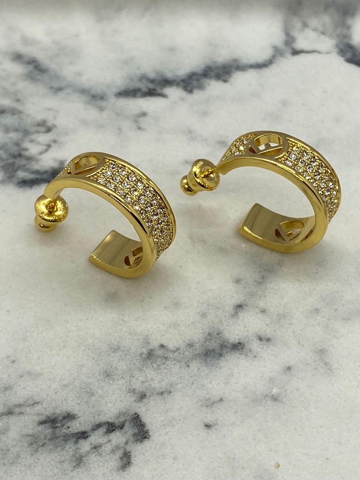 FENDI F Gold Tone Rhinestone Hoop Earrings - Pre owned