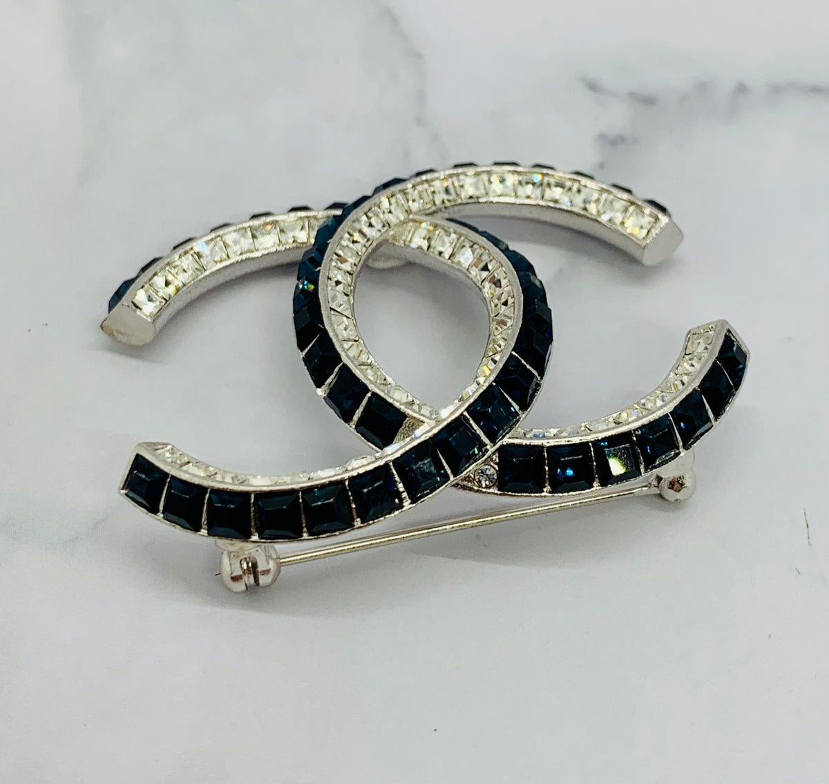 CHANEL CC Blue Rhinestone Brooch Pin - USED