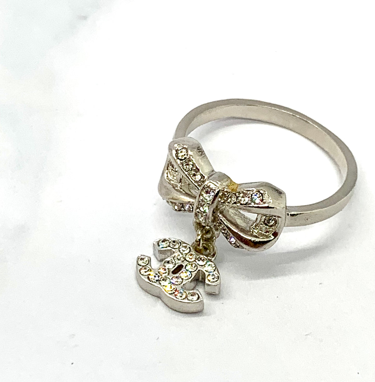 CHANEL CC Rhinestone Bow Ring Size 7 - USED