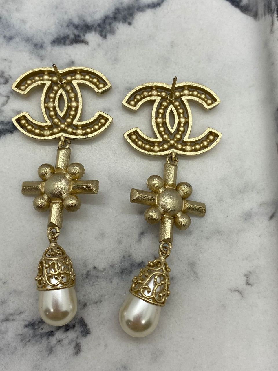 CHANEL CC Gold Tone Rhinestone Pendant Earrings - Pre owned