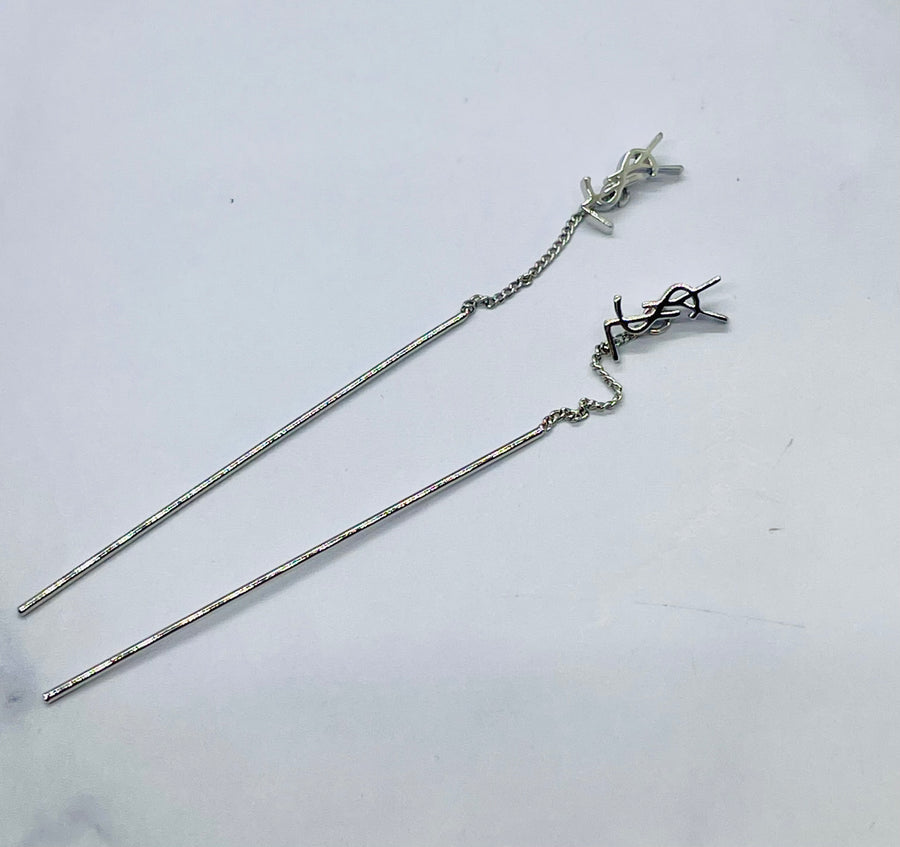 YSL Yves Saint Laurent SILVER Tone Threaded Earrings - Pre owned