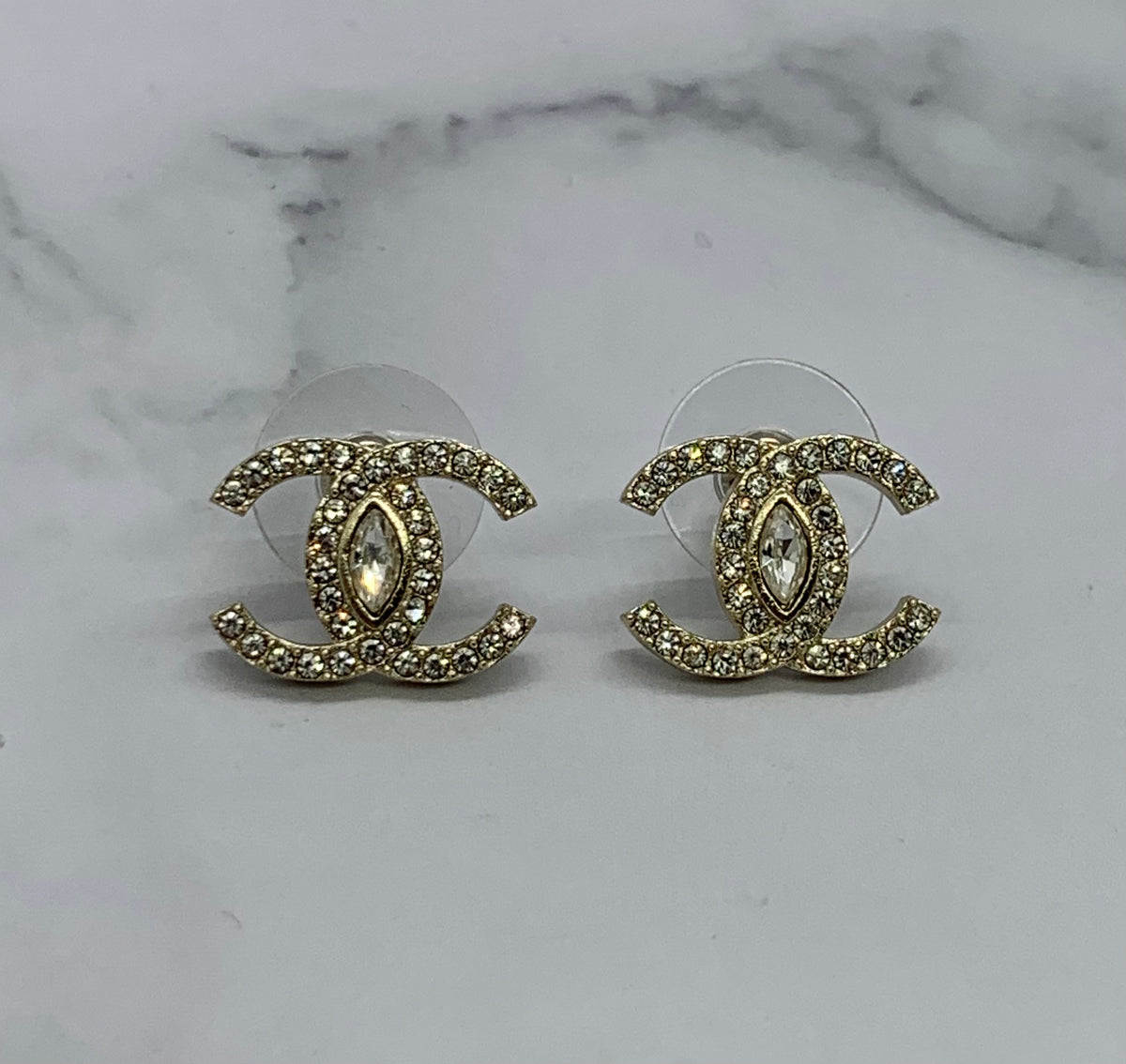 CHANEL CC Gold Tone Rhinestone Earrings - USED