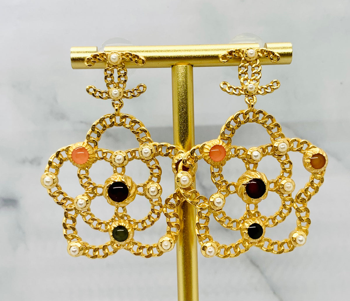 CHANEL CC Camelia Pendant Earrings - USED