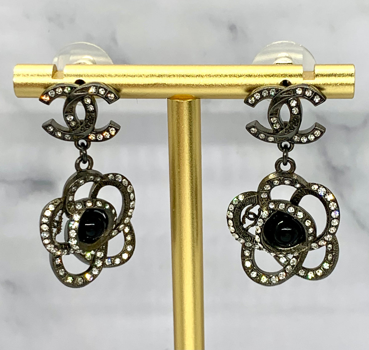 CHANEL CC Camelia Rhinestone Earrings - USED