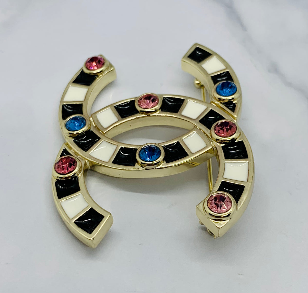 CHANEL CC Rhinestone Enamel Brooch Pin - USED