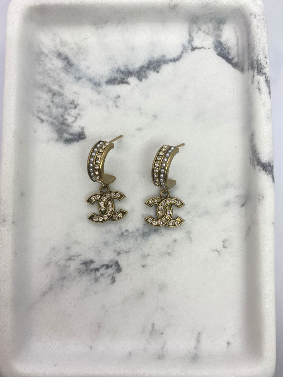 CHANEL CC Brass Tone Rhinestone Earrings - Pre owned
