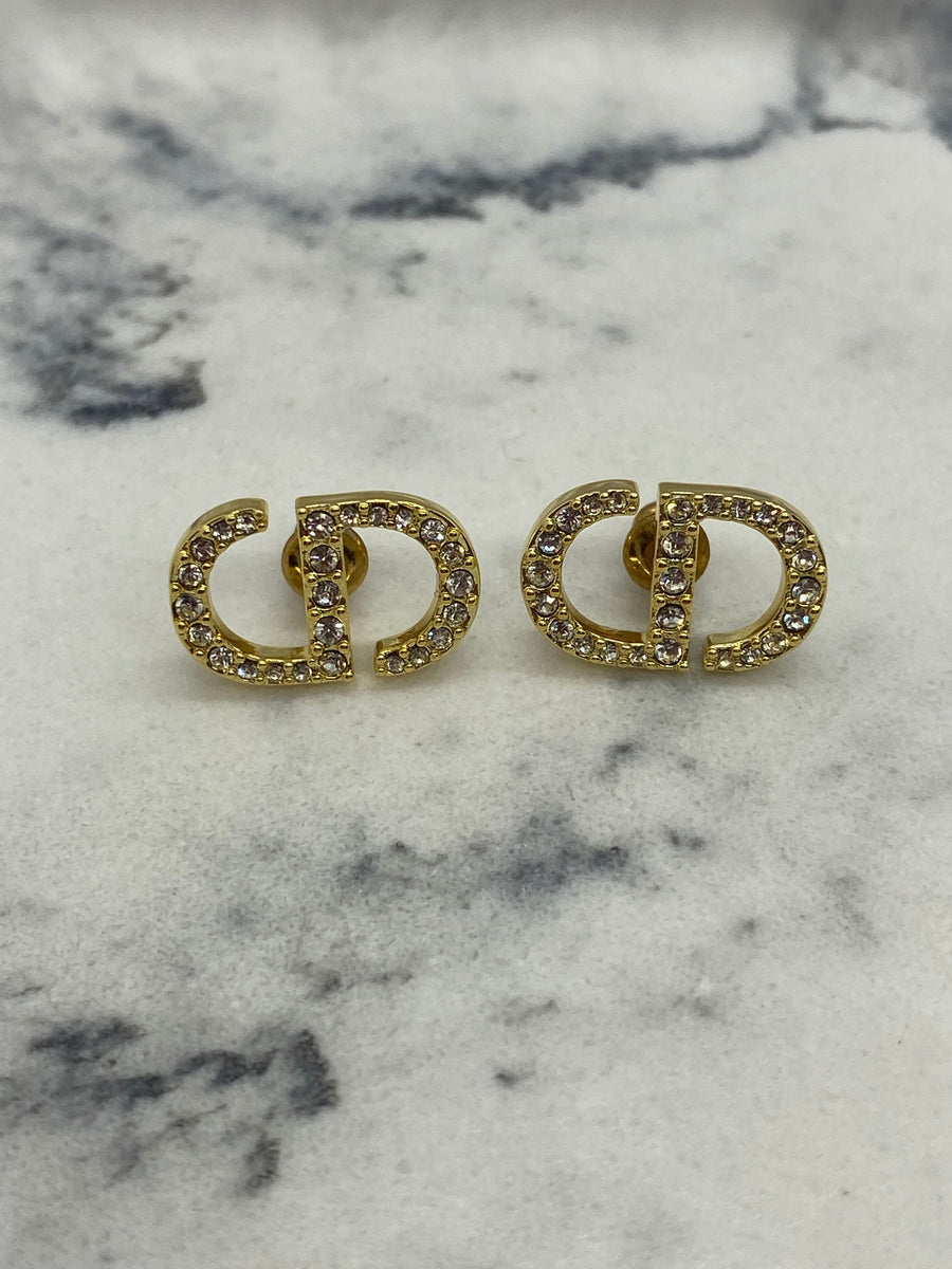 CHRISTIAN DIOR CD Gold Tone Rhinestone Earrings - Pre owned