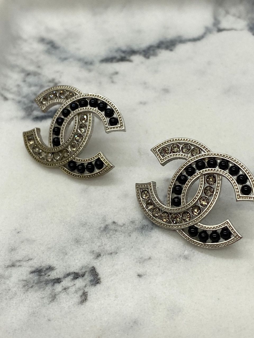 CHANEL Silver Tone Rhinestone Earrings - USED