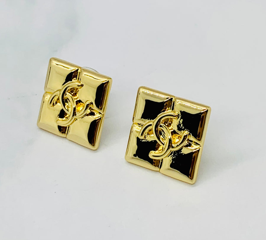 CHANEL CC Gold Tone Square Earrings - Pre owned