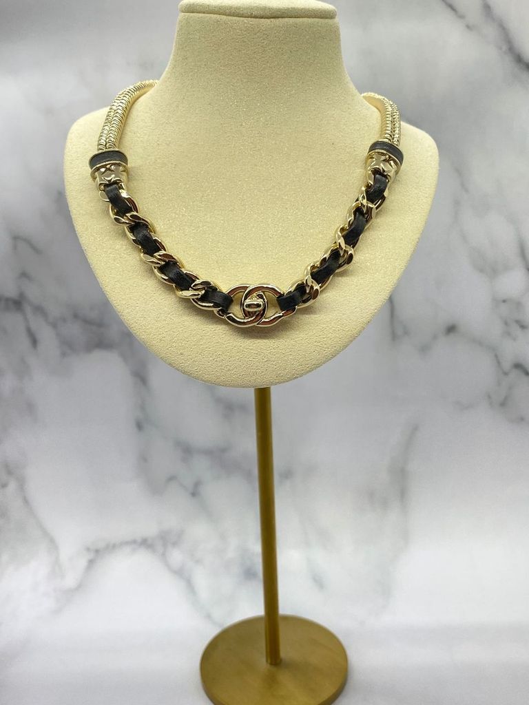 CHANEL CC Silver Tone Leather Adjustable Chain Necklace- Pre owned