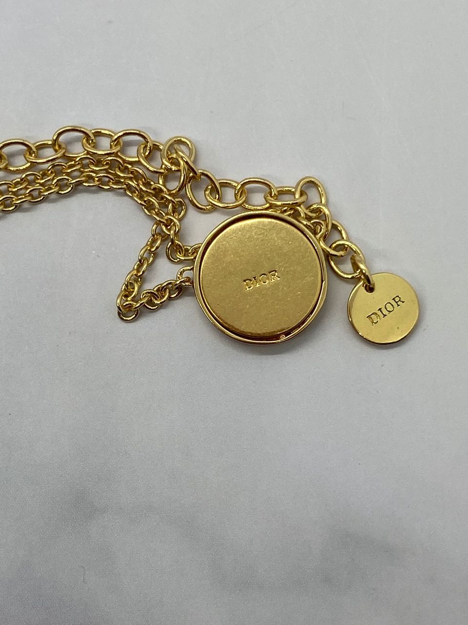 CHRISTIAN DIOR CD Gold Tone White Logo Chain Necklace - USED