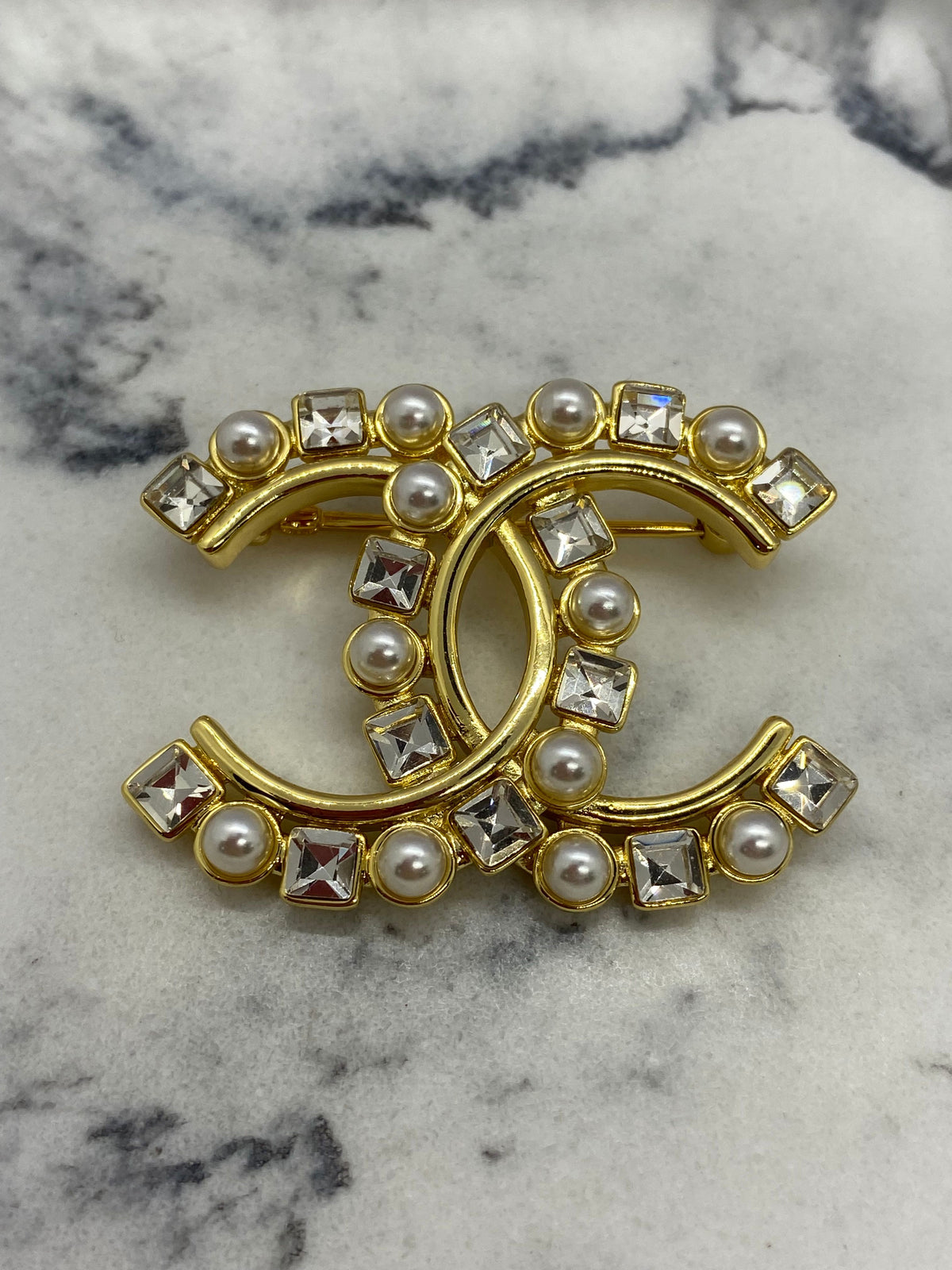 CHANEL CC Gold Tone Rhinestone Brooch Pin - USED