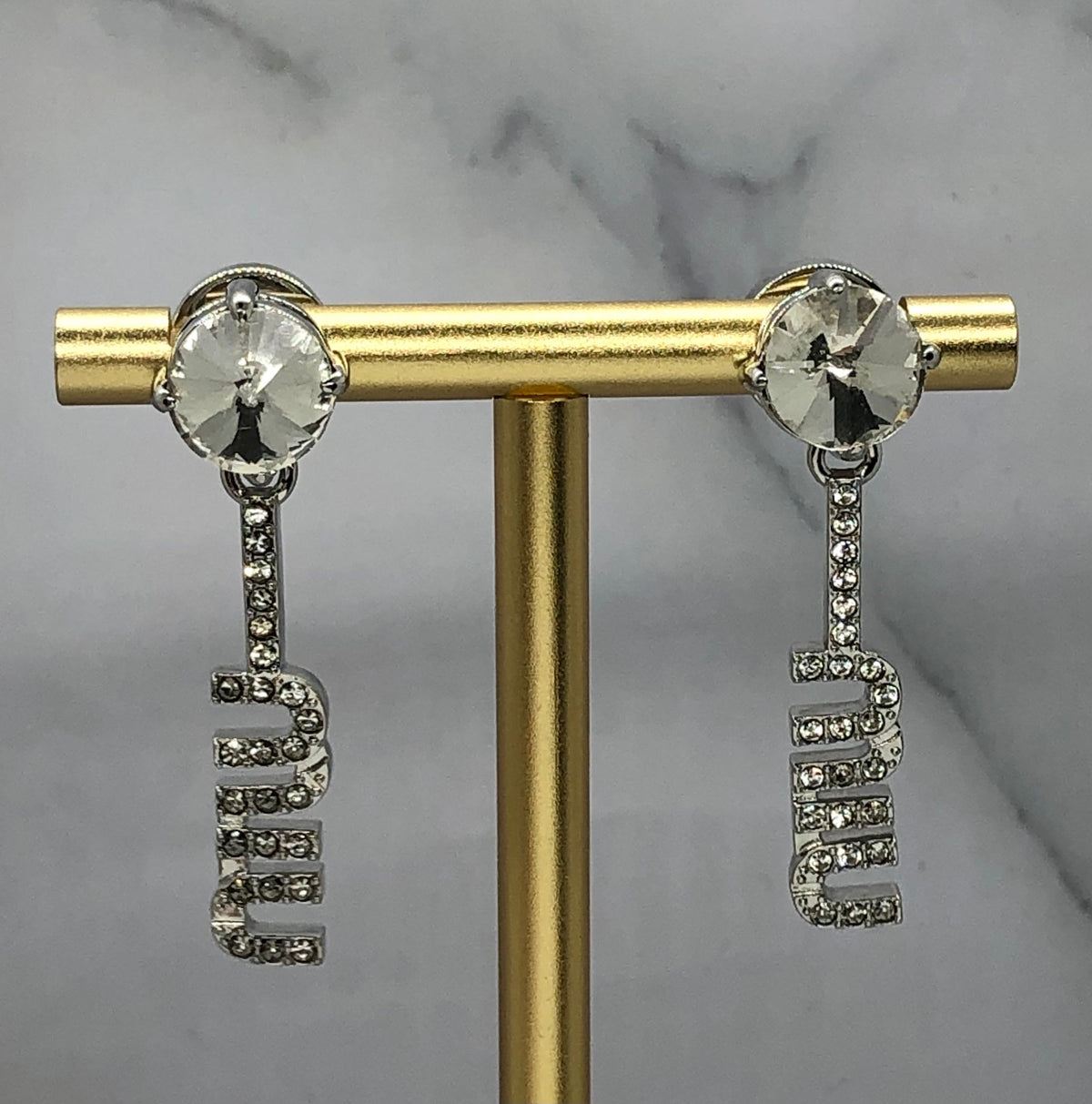 MIU MIU Rhinestone Pendant Monogram Earrings - Pre owned