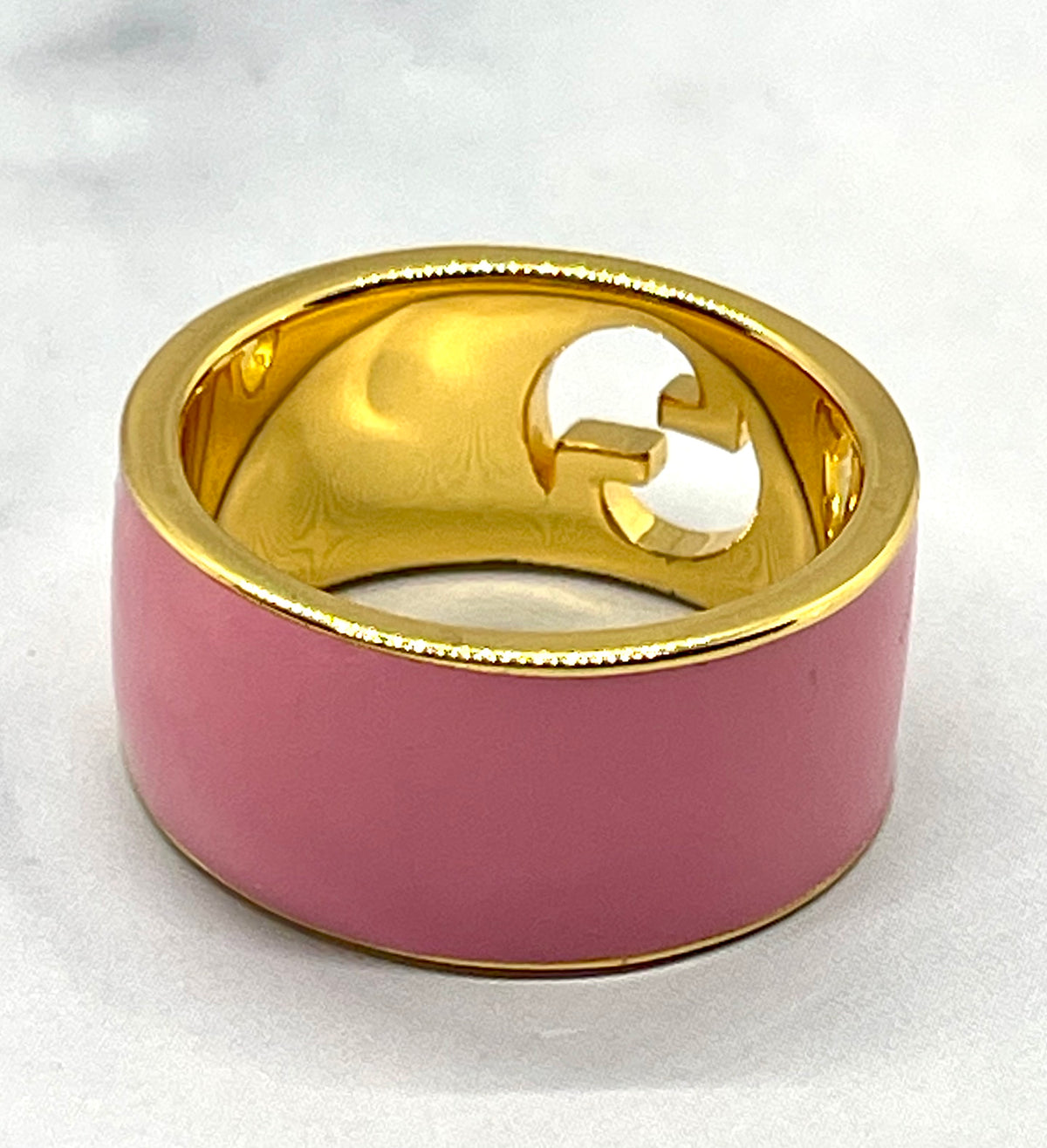 GUCCI Pink Enamel Monogram Ring Size 7.5 - Pre owned
