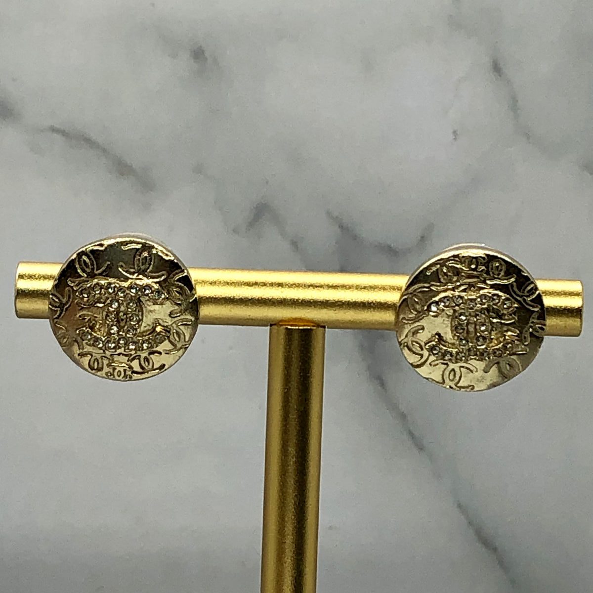 CHANEL CC Gold Tone Button Earrings - USED