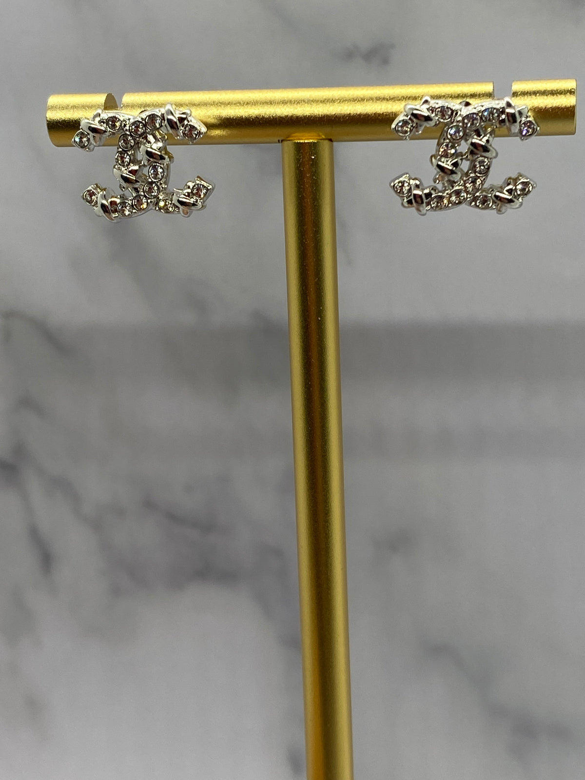 CHANEL CC Silver Tone Rhinestone Earrings - Pre owned
