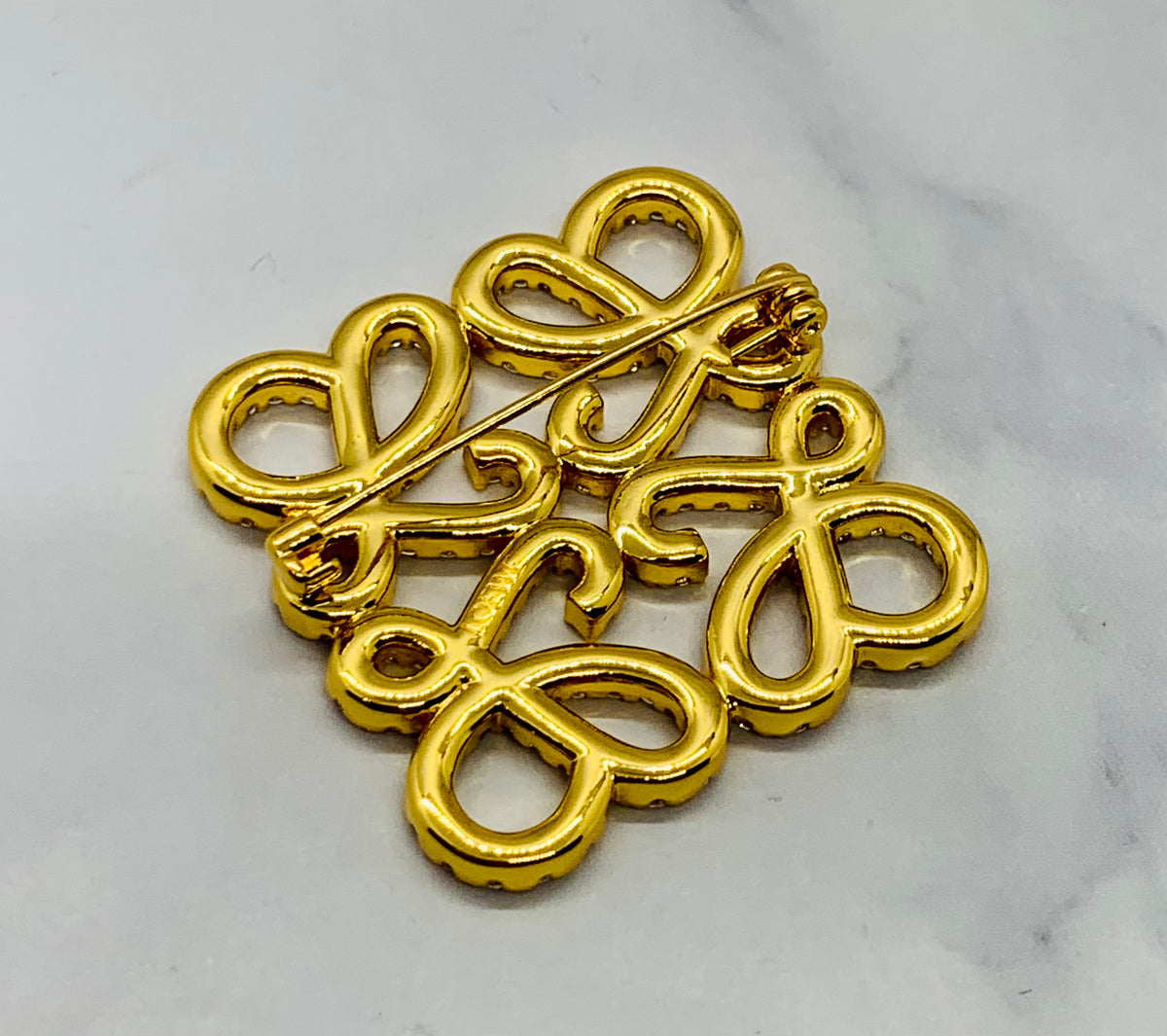 LOEWE Monogram Gold Tone Rhinestone Brooch Pin - Pre owned