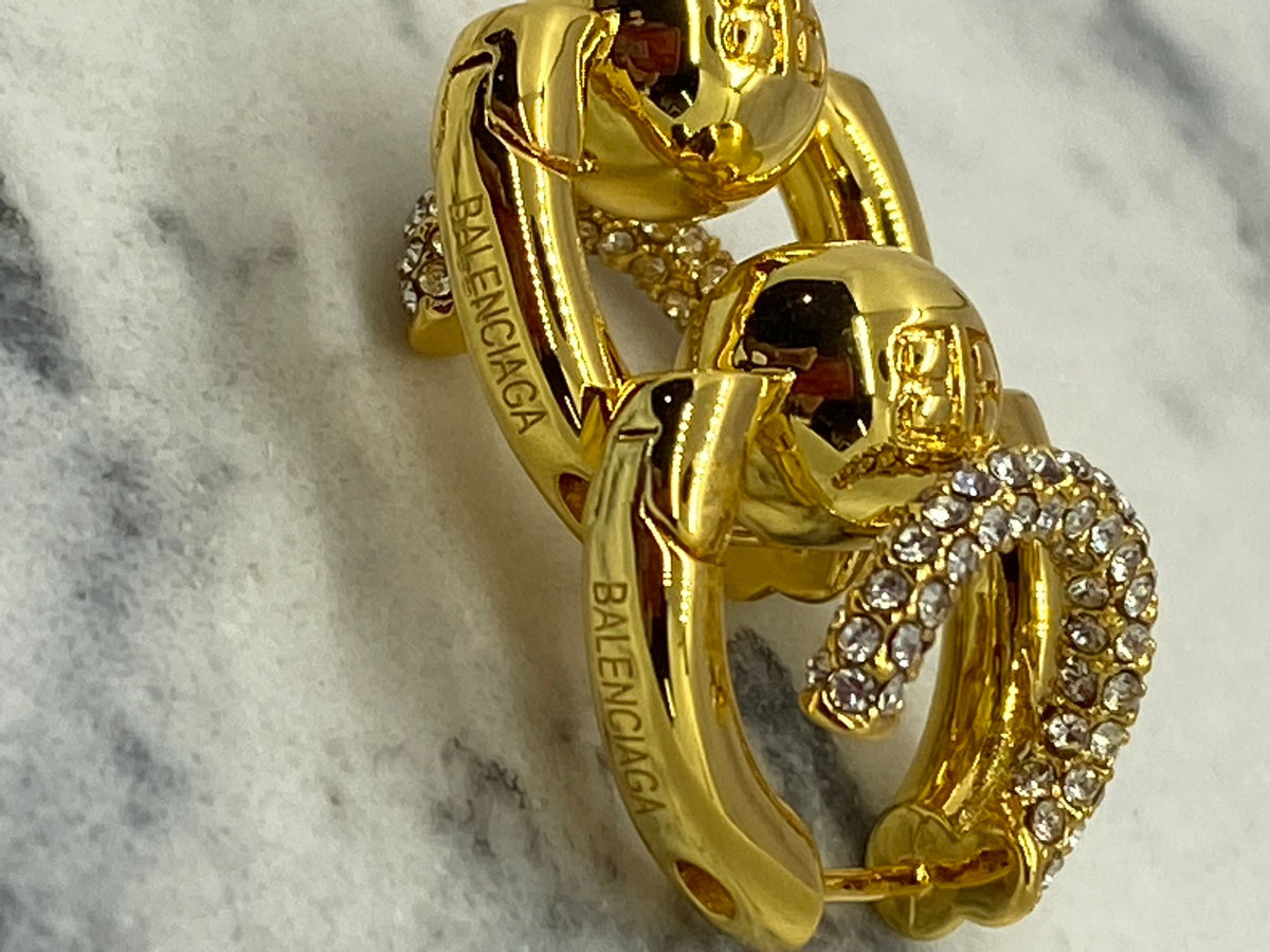 BALENCIAGA Gold Tone Rhinestone Hoop Earrings - Pre owned