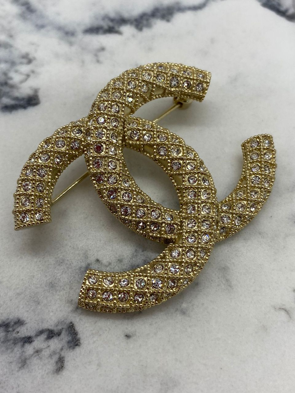 CHANEL CC Gold Tone Rhinestone Brooch Pin - USED