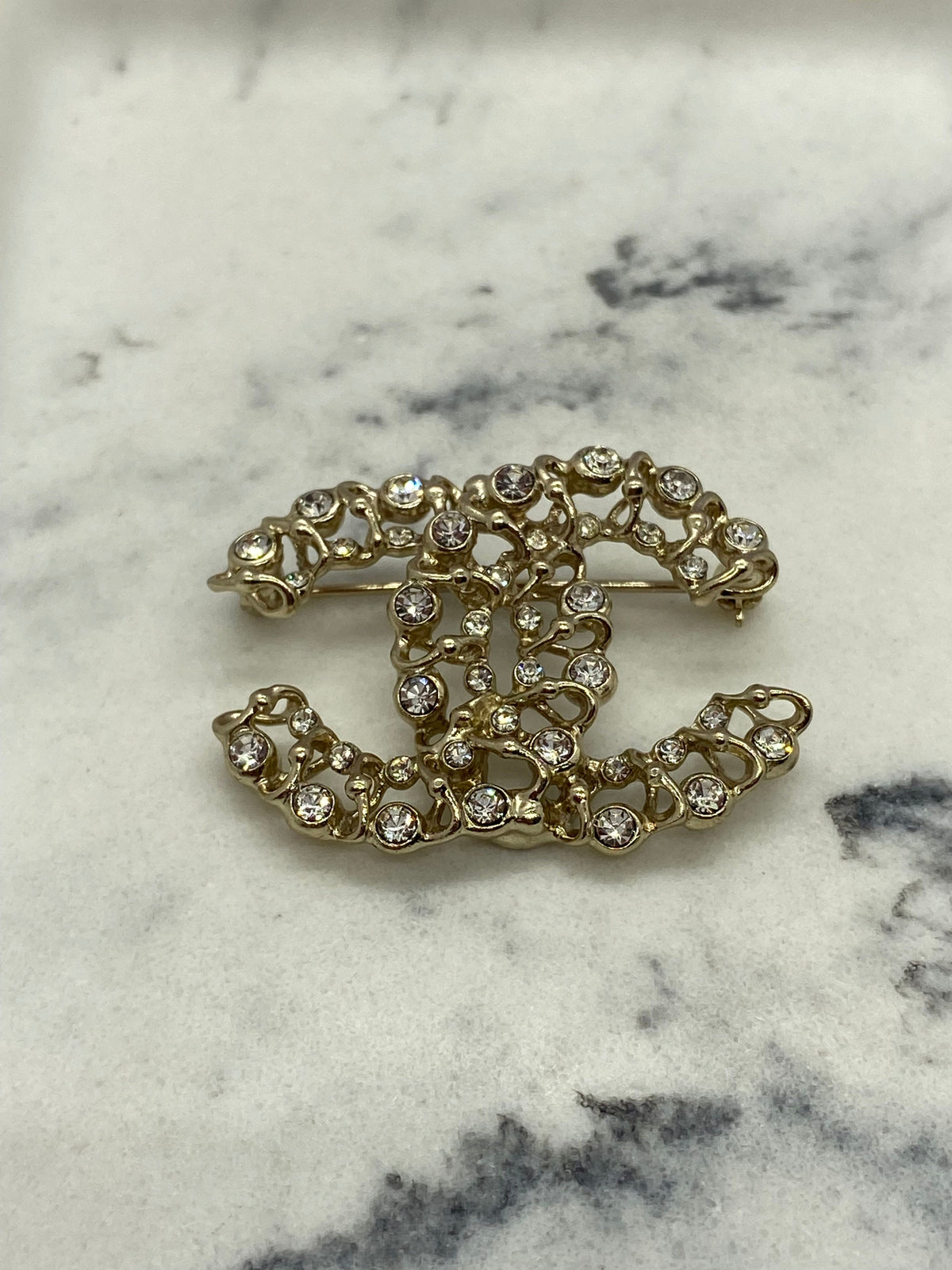 CHANEL Gold Tone Rhinestone Brooch Pin - USED
