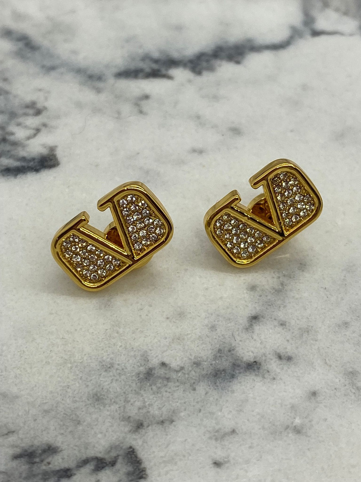VALENTINO Gold Tone Rhinestone Monogram Earrings - Pre owned