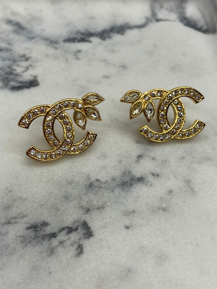 CHANEL CC Gold Tone Rhinestone Earrings - Pre owned