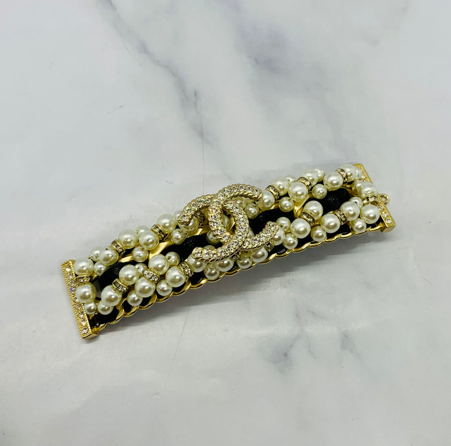 CHANEL CC Pearl & Leather Hair Clip Barrette - USED