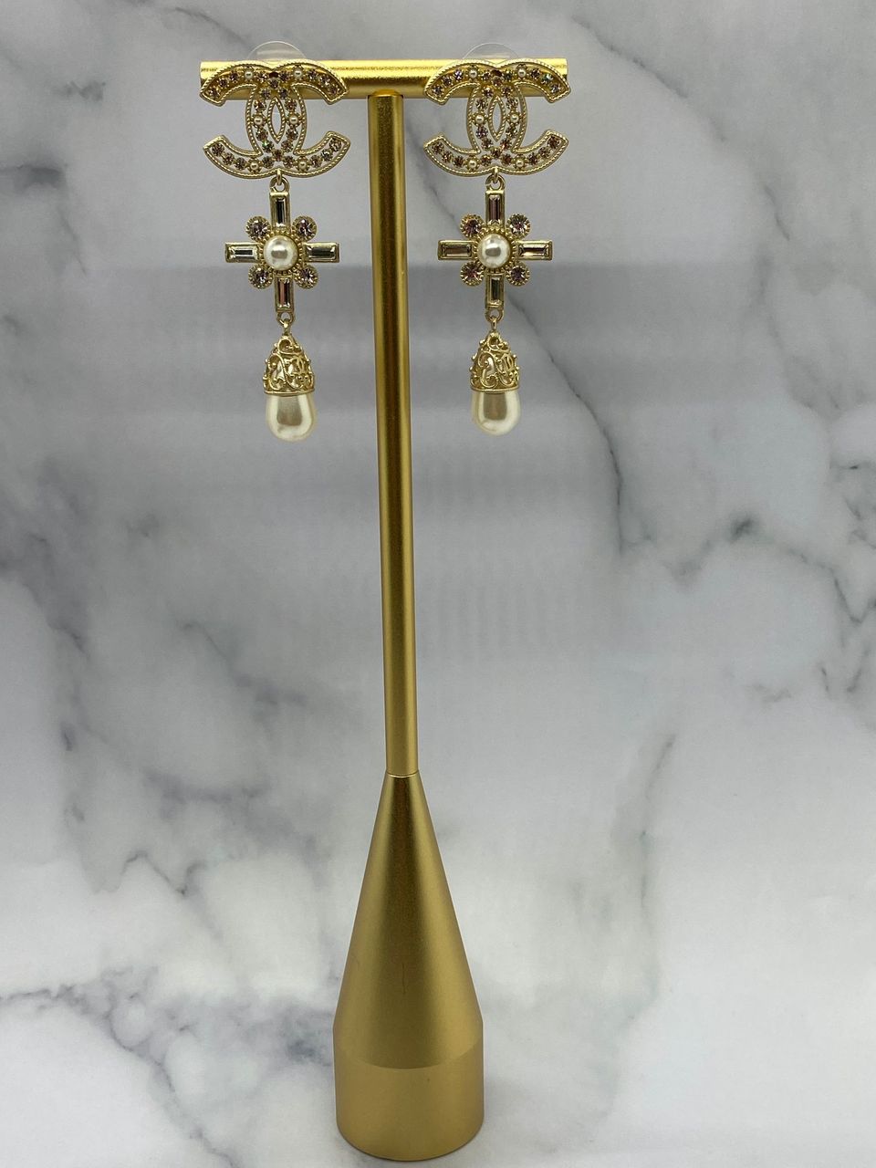 CHANEL CC Gold Tone Rhinestone Pendant Earrings - Pre owned