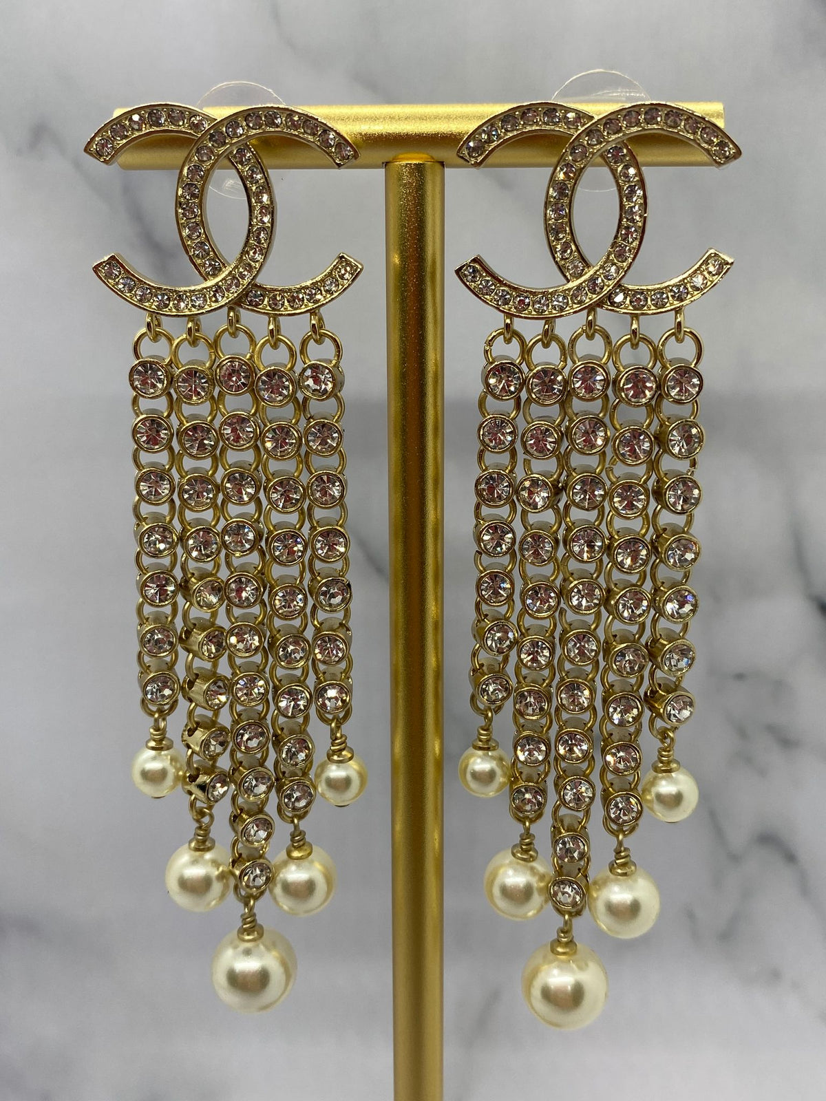 CHANEL CC Rhinestone & Pearl Pendant Earrings - Pre owned