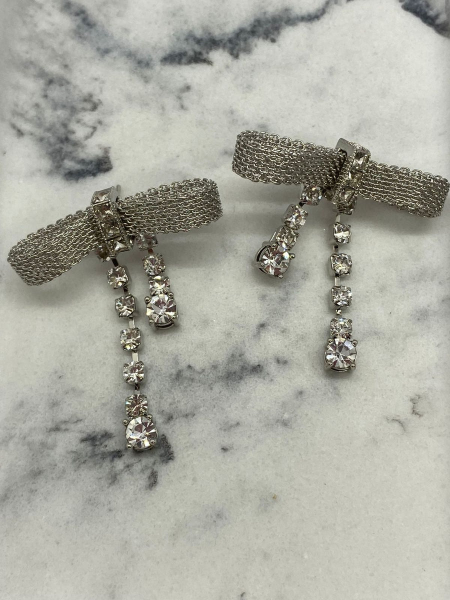 MIU MIU Silver Tone Rhinestone Bow Earrings - Pre owned