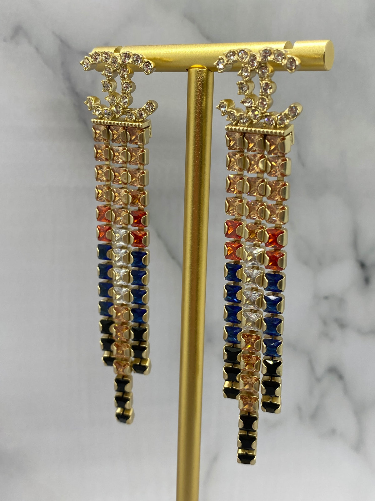 CHANEL CC 2019 Rhinestone Multicolored Fringe Earrings - Pre owned