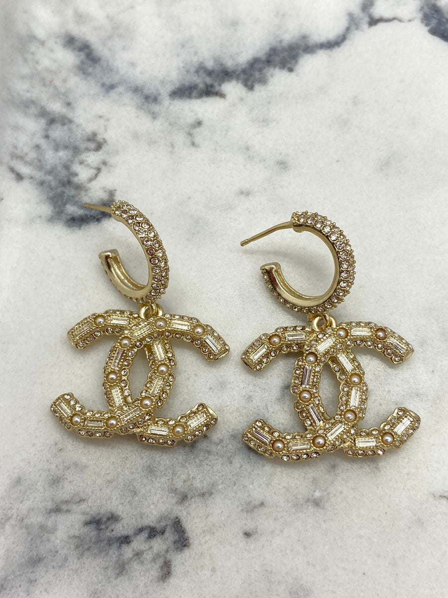 CHANEL CC Gold Tone Rhinestone Earrings - USED