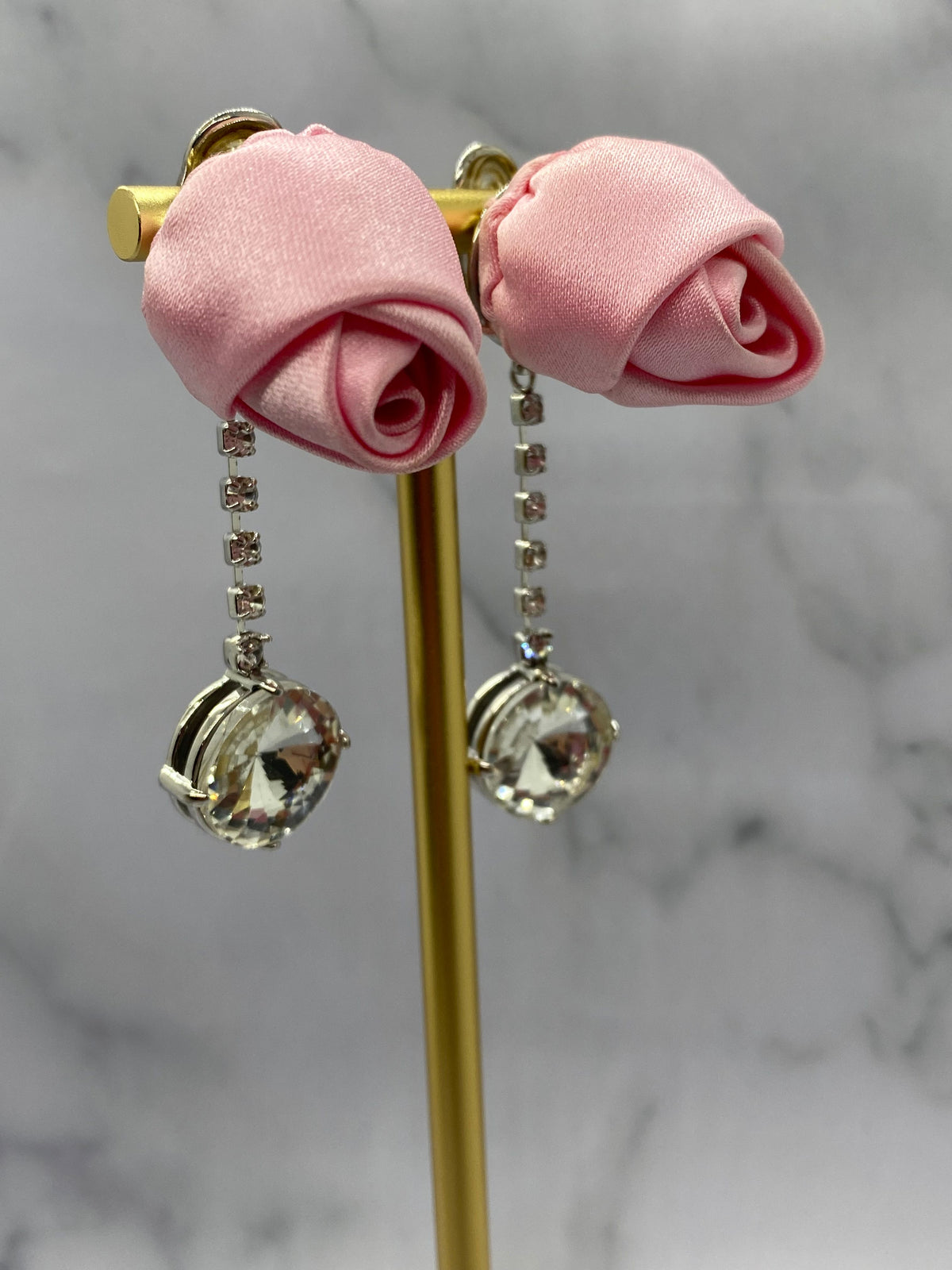 MIU MIU Pink Silk Rose & Rhinestones Clip On Earrings - Pre owned